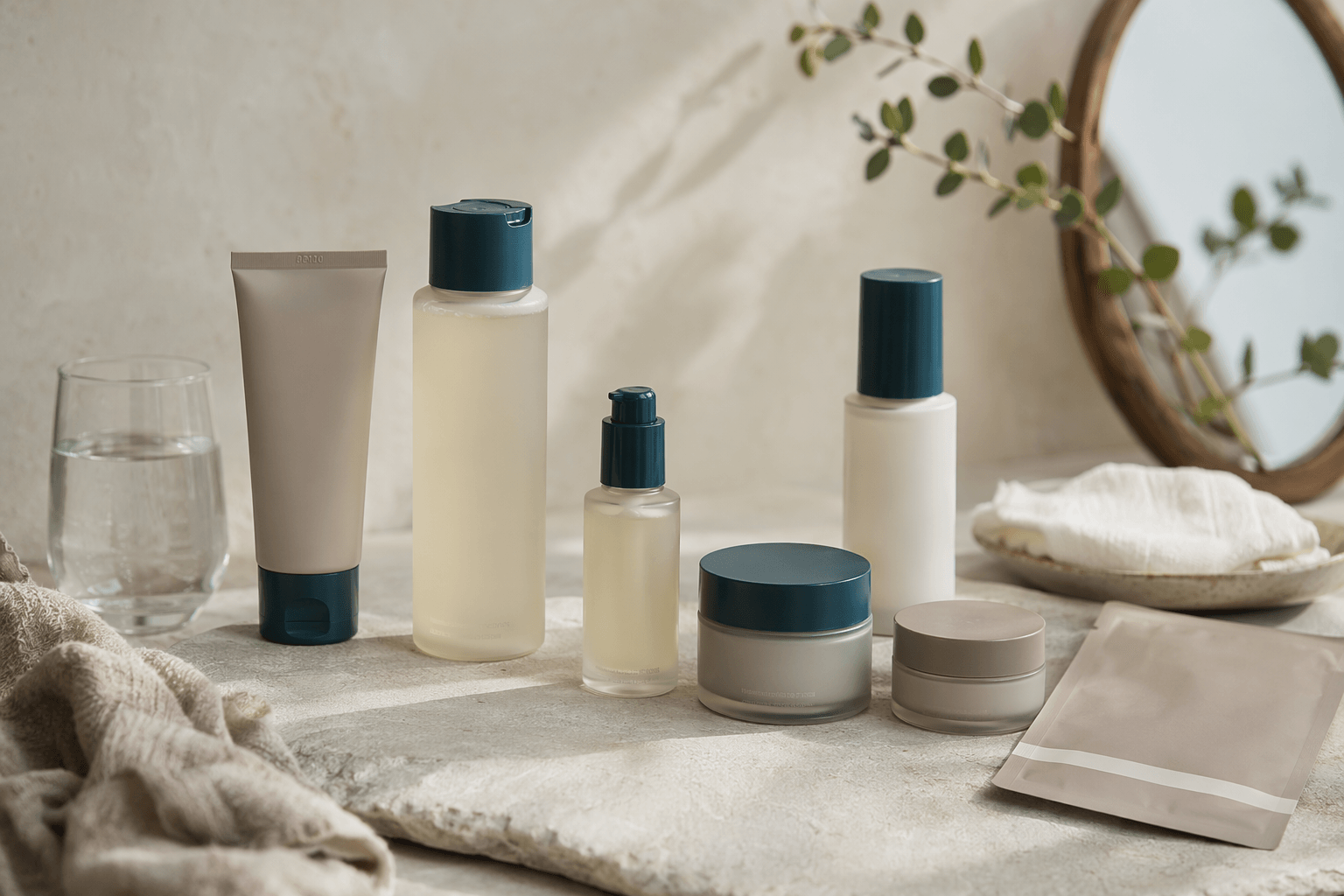 BHAB skincare arranged with calm textures and daily routine essentials.